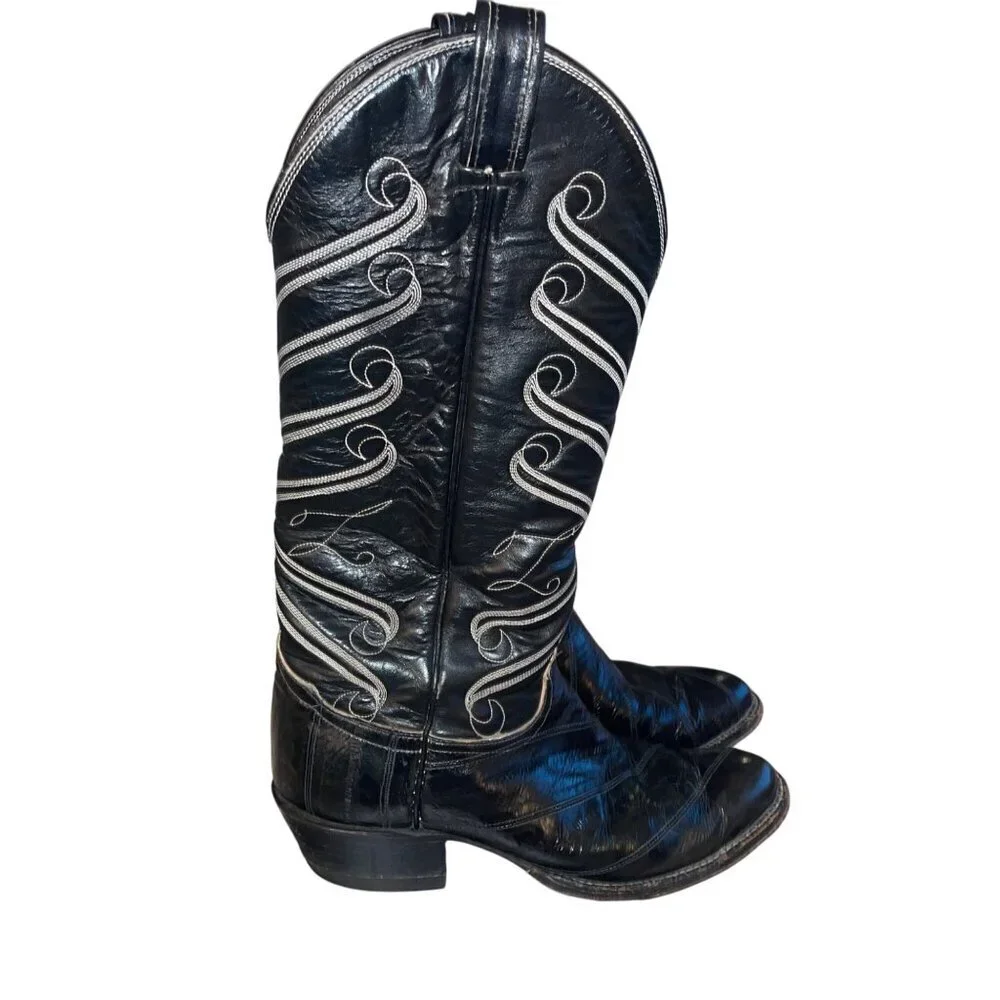 Tony Lama Mens Boots Size 7.5 Black Flame Stitch Detail Eel Skin Casual USA